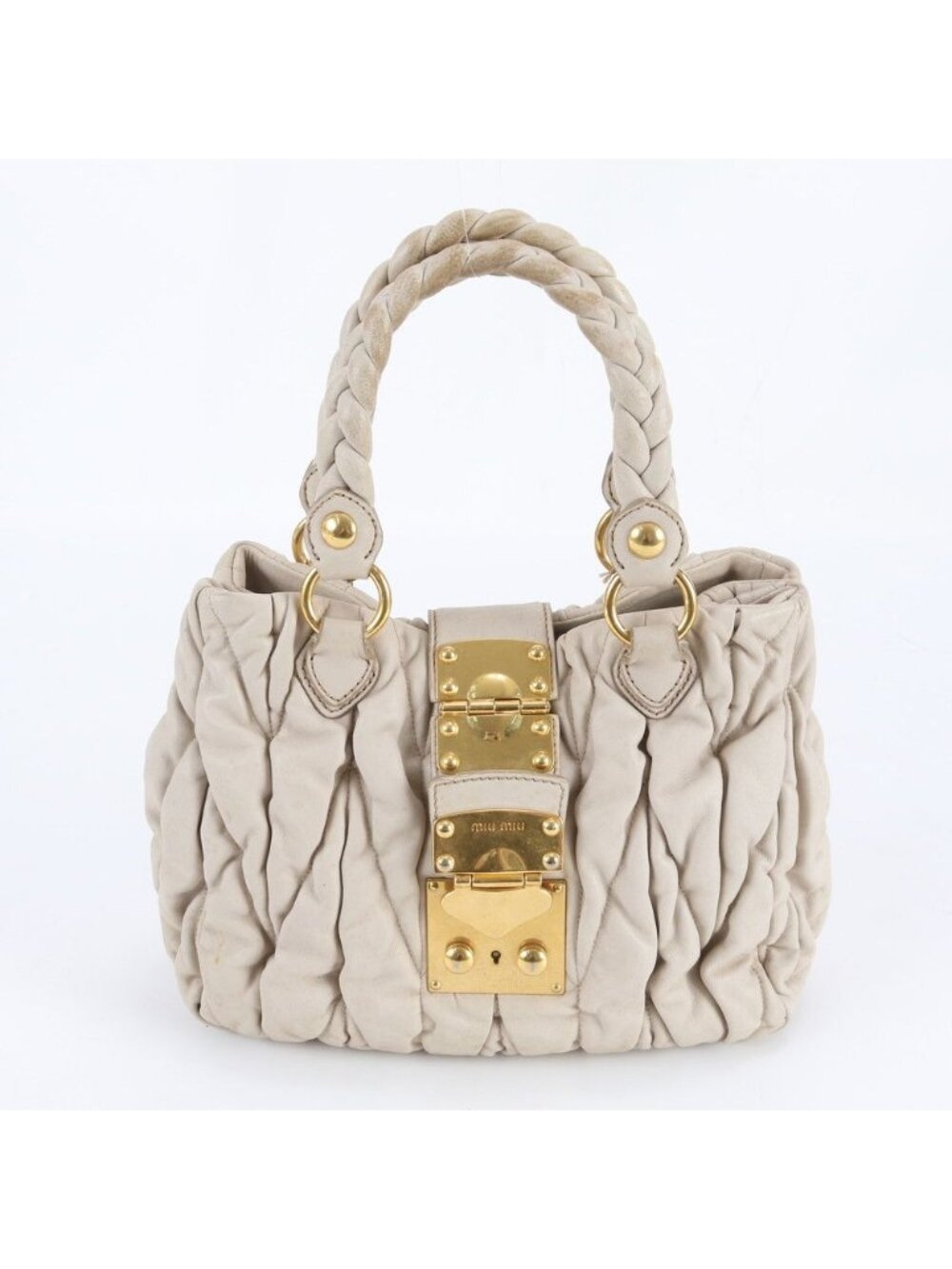 Miu Miu Matelasse Gathered Leather Handbag Tote Beige